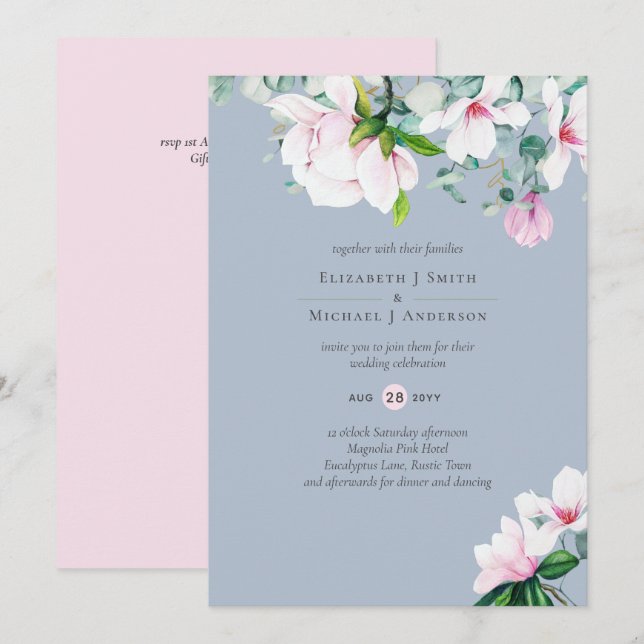 Pink Magnolias Sage Eucalyptus Dusty Blue Wedding  (Front/Back)