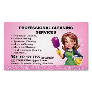 Pink Maid Janitorial Lady House Cleaning Service Magnetic Business Card