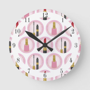 Pink Makeup Cosmetics Pattern Cosmetology Round Clock