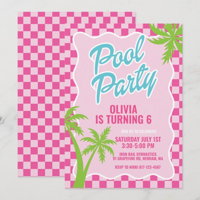 pink malibu check pool party birthday invitation (Front/Back)