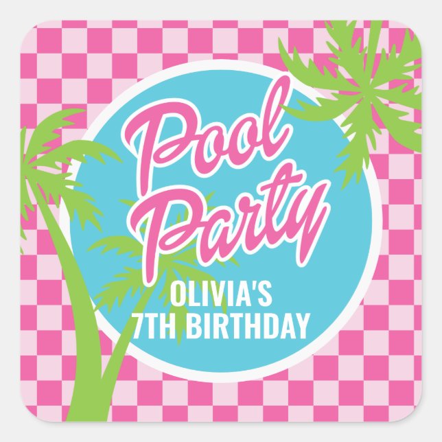 Pink Malibu Pool Party Birthday Square Sticker (Front)
