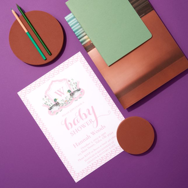 Pink Mallard Duck Monogram Coquette Baby Shower Invitation (Creator Uploaded)