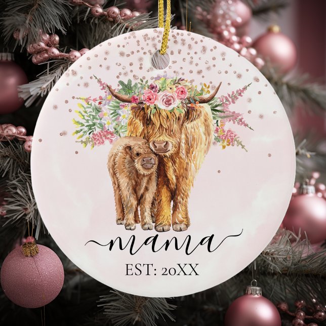 Pink Mama Baby Highland Cow Calf Mother Ceramic Ornament (Creator Uploaded)