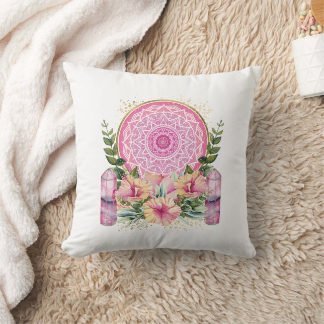 Pink Mandala Crystal Flowers Watercolor Boho Throw Throw Pillow (Blanket)