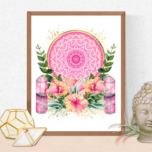 Pink Mandala Crystal  Flowers Yoga Reiki Spa Boho Poster