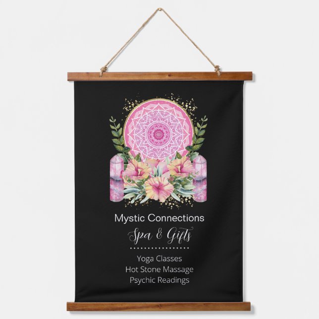 Pink Mandala Crystals Flower Energy Yoga Reiki Spa Hanging Tapestry (Front)