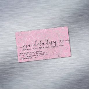 Pink Mandala Floral Script Magnetic Business Card