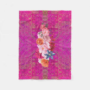 Pink Mandala Pattern Flower Bouquet Fleece Blanket