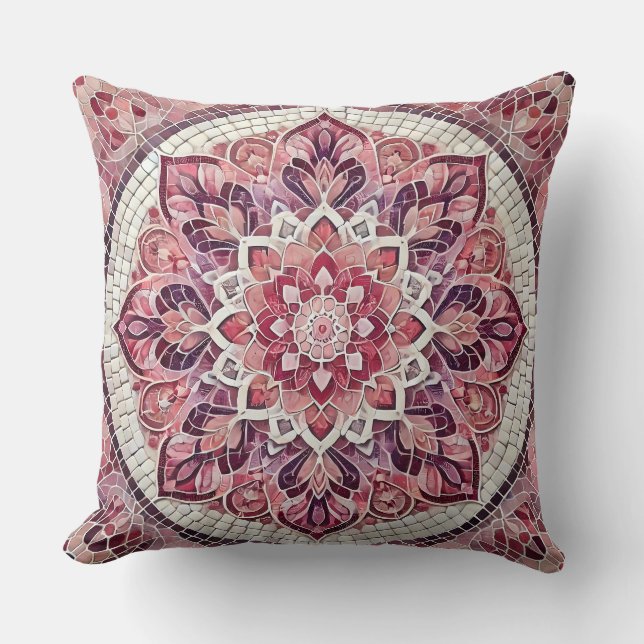 Pink Mandala Pattern: Gentle Mosaic Art Throw Pillow (Front)