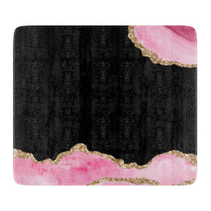 Pink Marble Agate Elegant Gemstone Golden Glitter Cutting Board