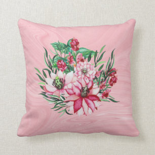 Pink Marble And Exotic Flowers Throw Pillow