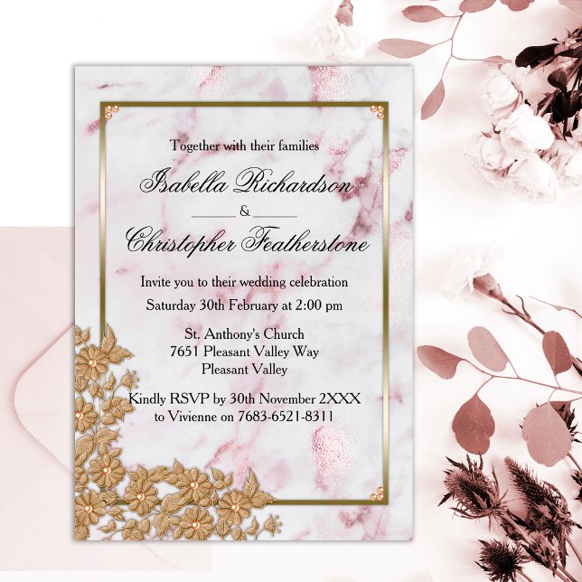 Pink Marble and Gold Pearls Wedding Invitation (Creator Uploaded)