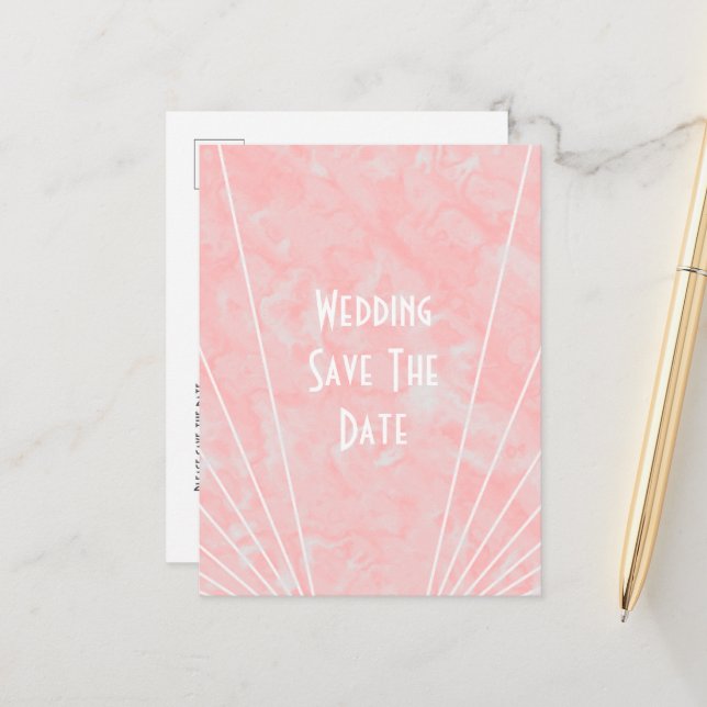 Pink Marble Art Deco Design Wedding Save The Date Announcement Postcard (Front/Back In Situ)