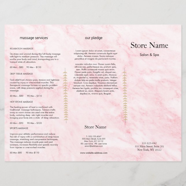 Pink Marble Beauty Salon Trifold Bruchure (Front)