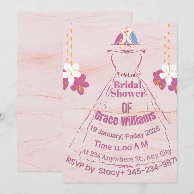 Pink Marble Bridal Gown Shower Invitation | Grace  (Front/Back)