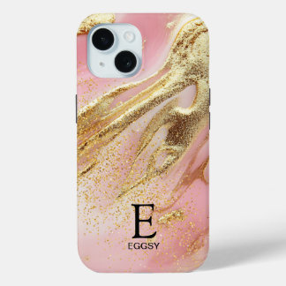 Pink marble chic gold glitter monogram iPhone 15 case