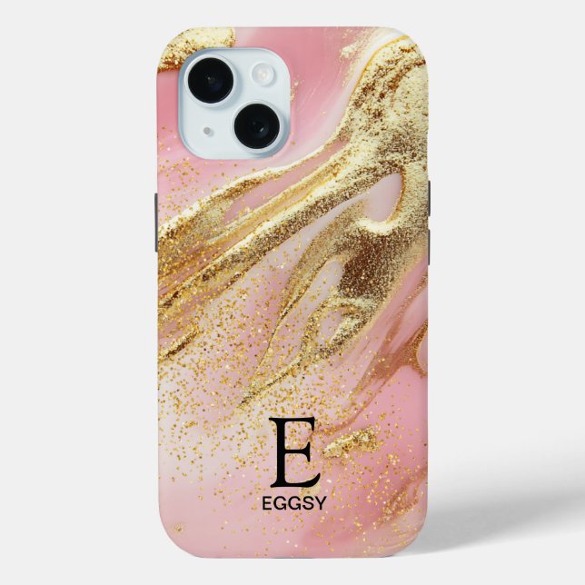 Pink marble chic gold glitter monogram Case-Mate iPhone case (Back)