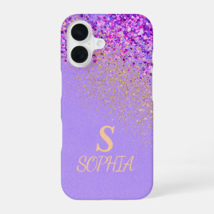 Pink marble chic gold glitter monogram iPhone 16 case