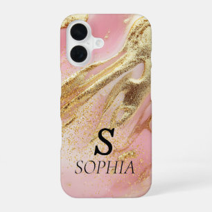 Pink marble chic gold glitter monogram iPhone 16 case