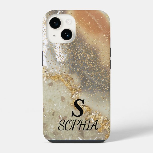 Pink marble chic gold glitter monogram iPhone case (Back)