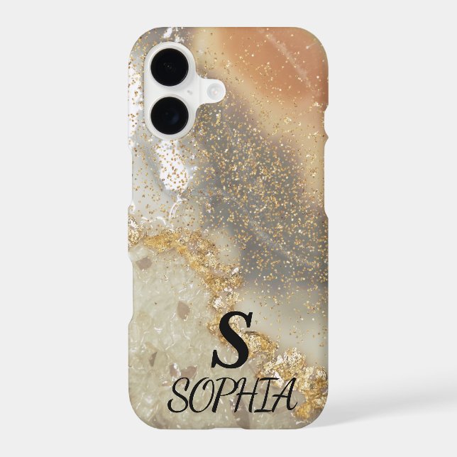 Pink marble chic gold glitter monogram iPhone case (Back)