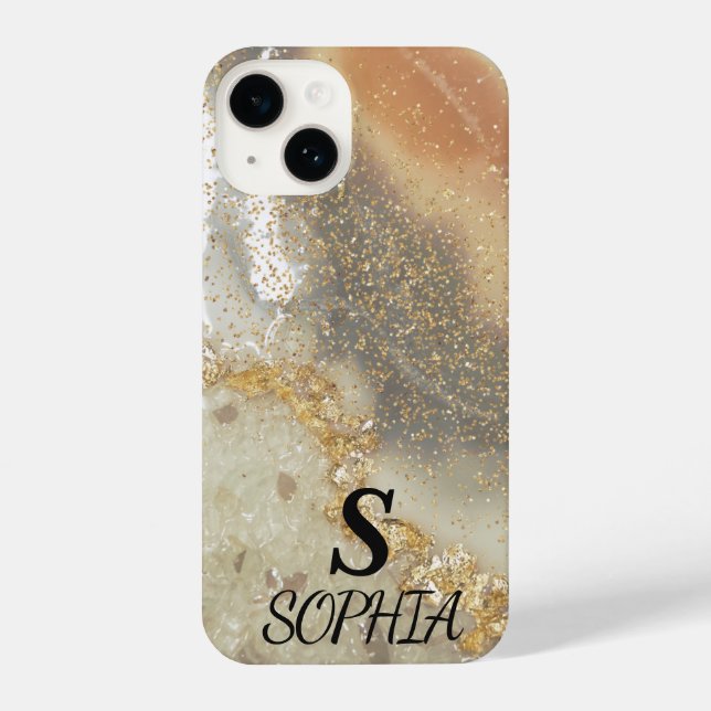 Pink marble chic gold glitter monogram iPhone case (Back)