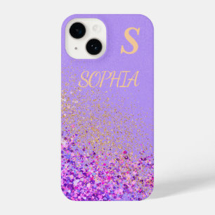 Pink marble chic gold glitter monogram iPhone 14 case