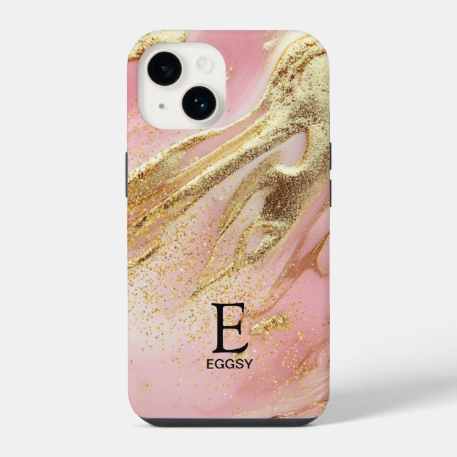 Pink marble chic gold glitter monogram iPhone case (Back)