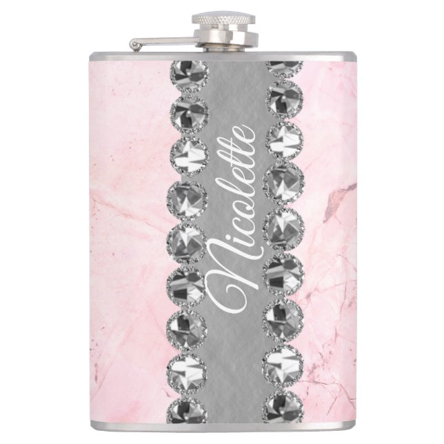 Pink Marble Diamond Bling             Hip Flask (Front)