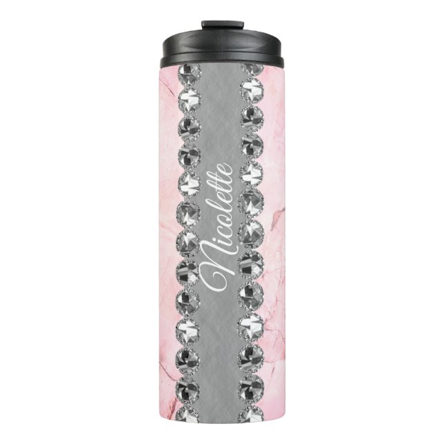 Pink Marble Diamond Bling Personalized          Thermal Tumbler (Front)