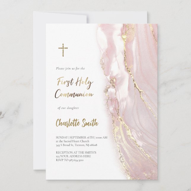 pink marble | First Communion girl  Invitation (Front)