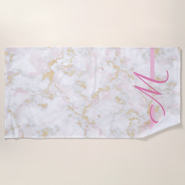 Pink Marble Glitter Personalized Initial Beach Towel (Front)