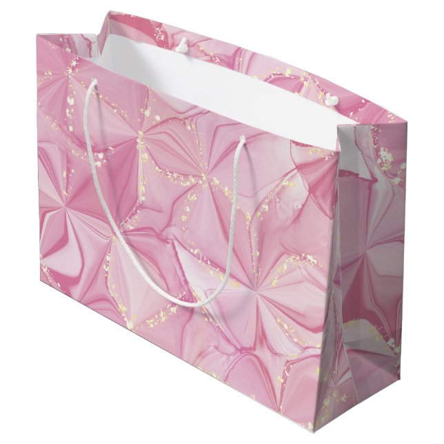 Pink Marble Gold Geode Abstract Pattern Large Gift Bag (Back Angled)