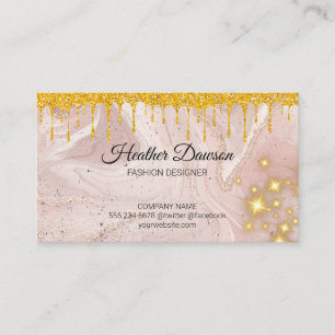 Pink Marble   Gold Glitter Drip   Golden Sparkle Business Card