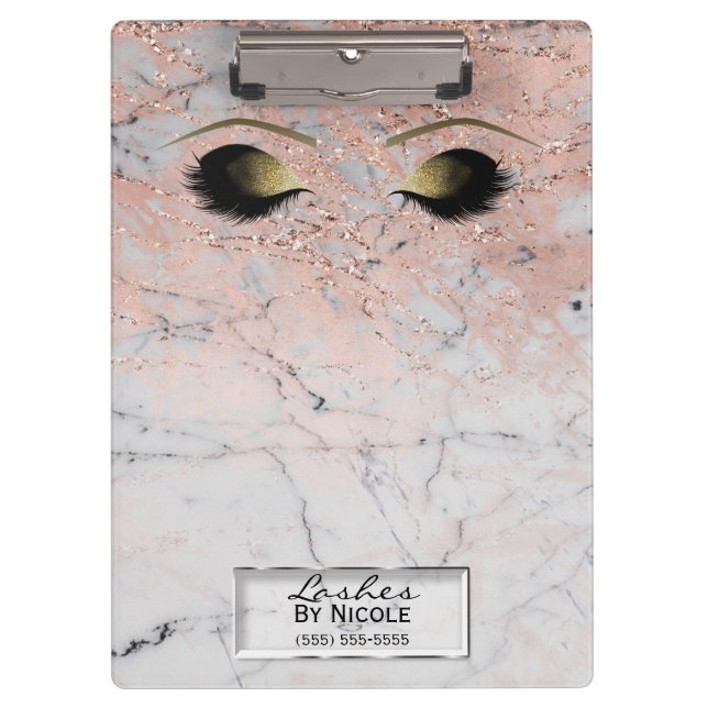 Pink Marble Gold Makeup Eyes Lashes Personalized Clipboard (Front)