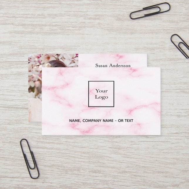 Pink marble gold photo elegant QR code Business Card (Front/Back In Situ)