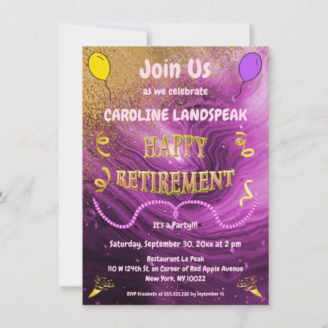 Pink Marble & Gold Streamers Happy Retirement  Invitation (Front)