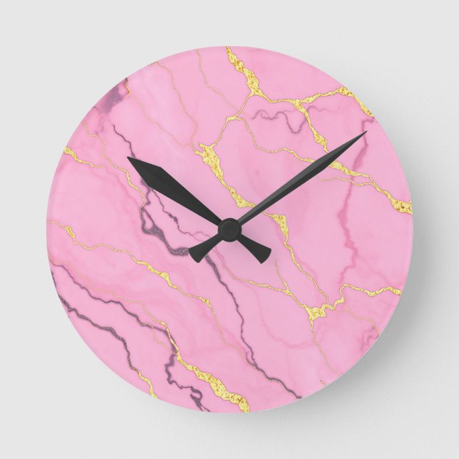 Pink Marble Gold Veins Pattern Round Clock (Front)