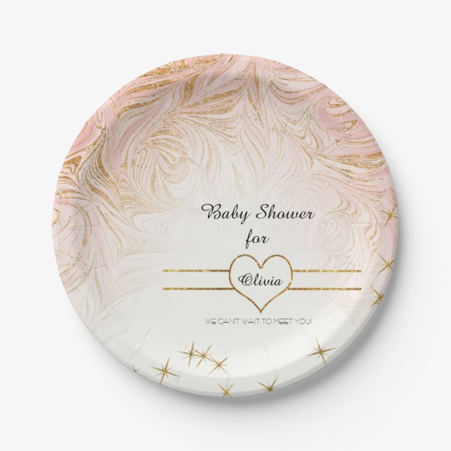Pink Marble Marbling Girl Baby Shower Rose Gold Paper Plate (Front)
