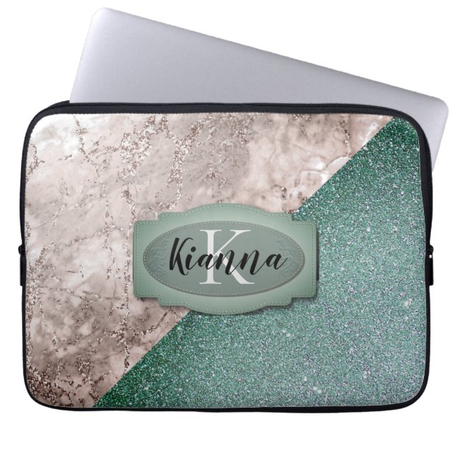 Pink Marble Mint Green Monogram Glitter           Laptop Sleeve (Front)