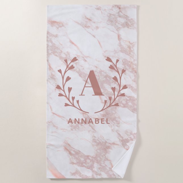 Pink Marble Monogram Any Initial & Name Custom Beach Towel (Front)