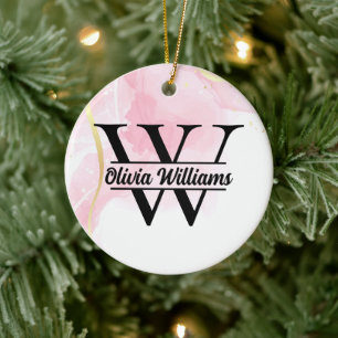 Pink Marble Monogram   Girly Modern Gold Glitter Ceramic Ornament