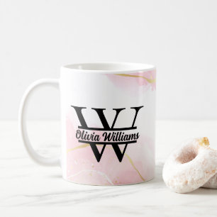 Pink Marble Monogram Girly Modern Gold Glitter Coffee Mug