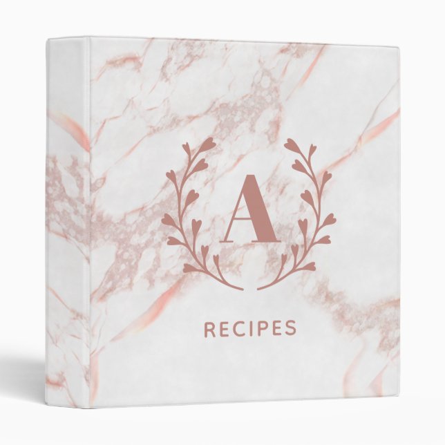 Pink Marble Monogram Initial & Name Custom Recipe Binder (Front/Spine)