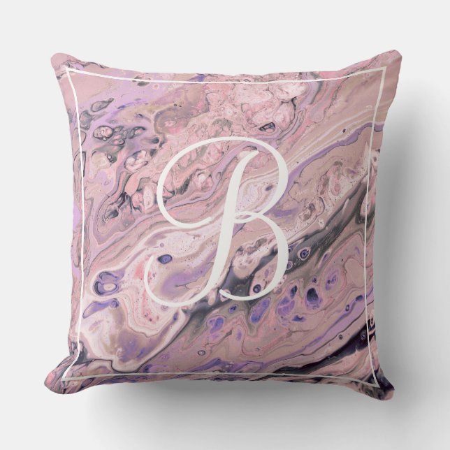 Pink Marble Monogram Throw Pillow (Front)