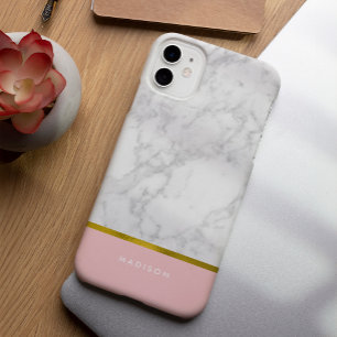 Pink Marble Pattern and Faux Gold Foil iPhone 15 Pro Max Case
