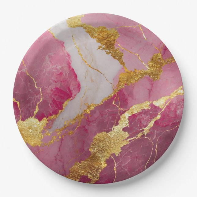 Pink Marble Pattern with Gold Paper Plate (Front)