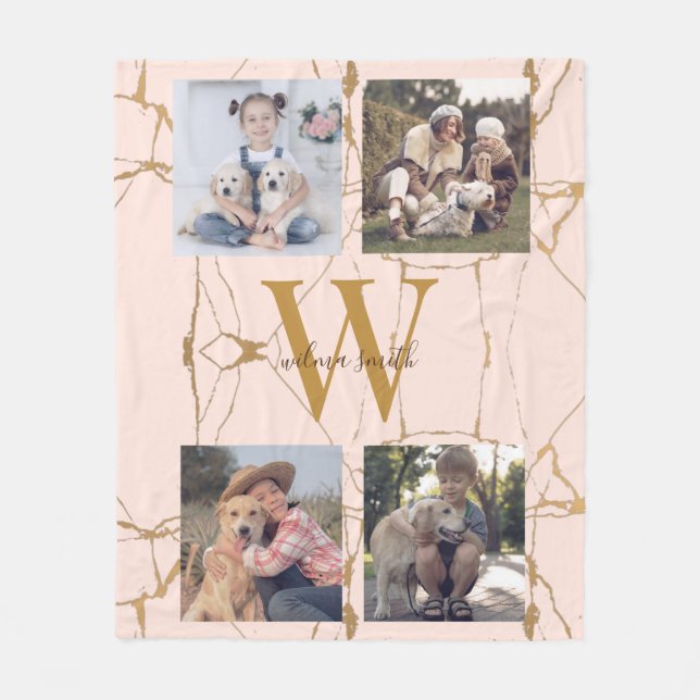 Pink Marble Personalized Photo Collage Monogram Fleece Blanket (Front)