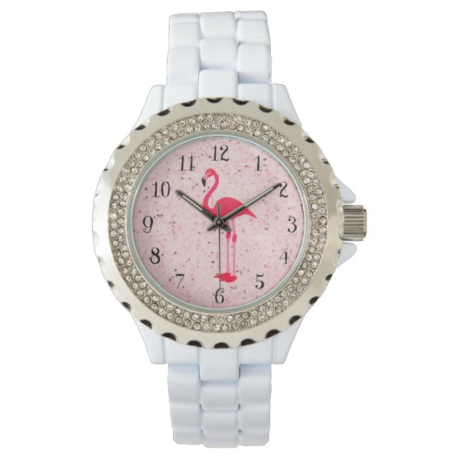 Pink Marble Pink Elegant Flamingo Wrist Watch (Front)