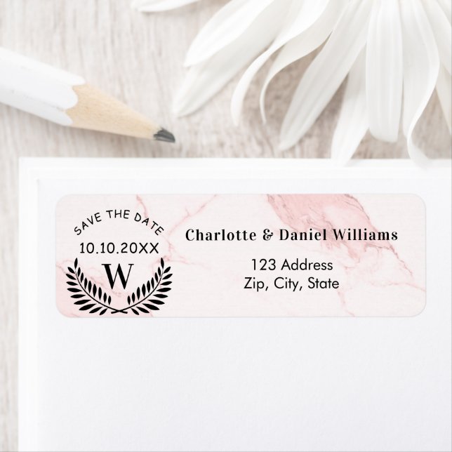 Pink marble save the date return address label (Insitu)